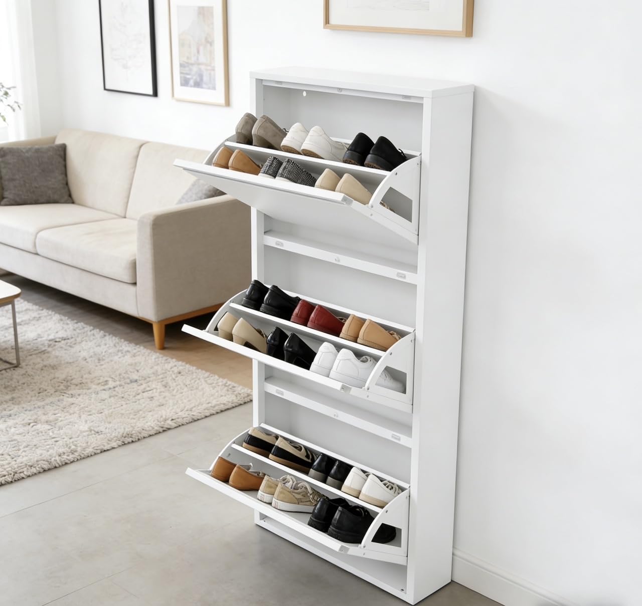 Shoe Cabinet with 3 Flip Drawers Freestanding Shoe Storage Cabinet for Entryway Hallway White Hidden Wood Shoe Cabinet Hidden Slim Narrow Shoe Rack Cabinet for Entryway, Closet, Hallway