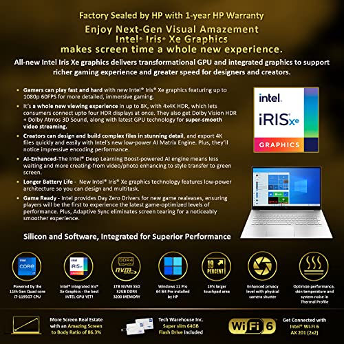 Hp Envy 17T 2022 Laptop, I7-1195G7 11Th Gen, 32Gb Ram, 1 Tb Nvme Ssd, 17.3" Fhd Touch, Thunderbolt 4, Win 11 Pro, Wifi 6, B&O Audio, Usb-A, Intel Xe Graphics, Silver, 64Gb Tech Warehouse Flashdrive #TOP6