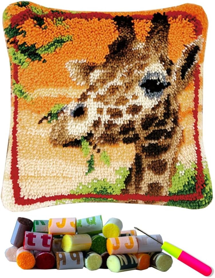DL-YTG Latch Hook Kits Pillow Giraffe Crochet Yarn Cushion Colour Printed Canvas Rug Needlework DIY Pillowcase Hook and Latch Kit Arts Crafts Christmas Home Sofa Decoration 42x42cm/16X16in