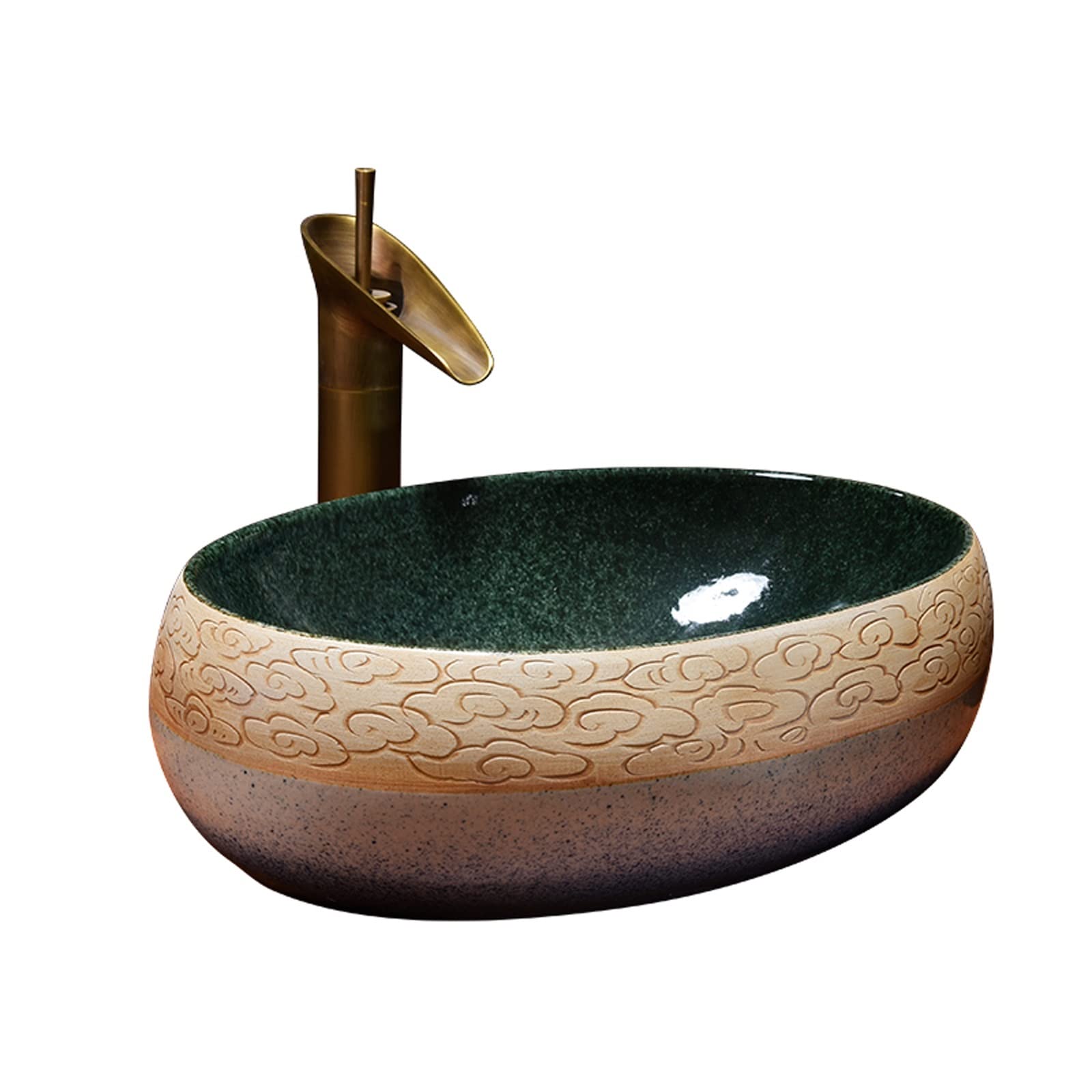 WOTZOV Vintage Oval Vessel Sink,Ceramic Above Counter Artistic Sink Bowl With Faucet Pop-Up Drain,