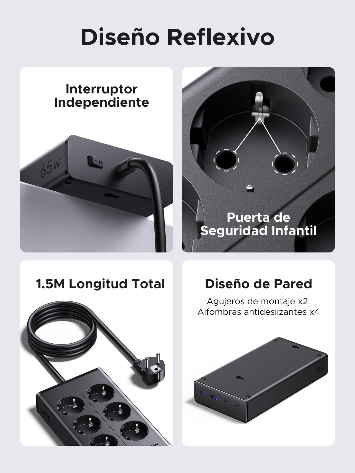 UGREEN 10 EN 1 Regleta Enchufe PD 65W USB C Multiple 6 Tomas AC 3680W 16A | 2 USB-C 2 USB-A, 1.6M Extension Negro, Interruptor, Power Strip GaN Inteligente Ladron Plano, Proteccion Sobretension Oficina