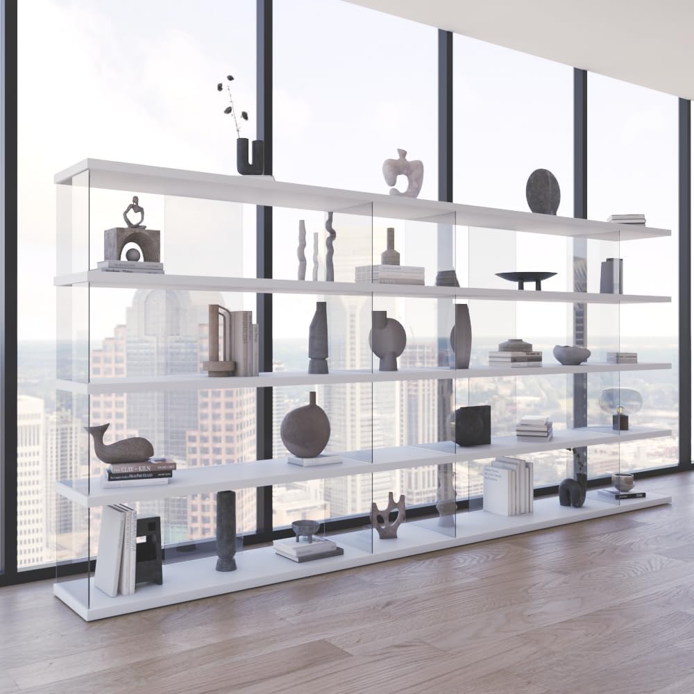 Meble Furniture Gravity 2X Modern Freestanding Bookcase — Matte Fronts and Body — Multiple Shelves, 31.5" W x 11.8" D x 63" H — White