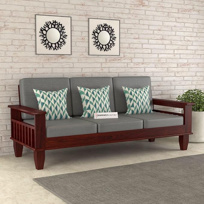 Image of Sheesham Wooden 3 Seater Sofa for Living Room | Rosewood 3 Seater Cushion Sofa with Side Newspaper Holder for Home & Office | Solid Wood Sofa Set for Lounge (Mahogany Finish)