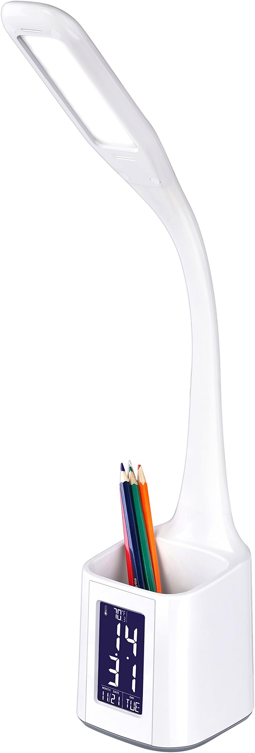 Royallieu U6 LED Desk Lamp, DC5V Table Lamp,Flexible Arm,Pen Holder, Calendar Display,3 Adjustable Brightness Levels,Touch-Sensitive Control Panel,White,6W.