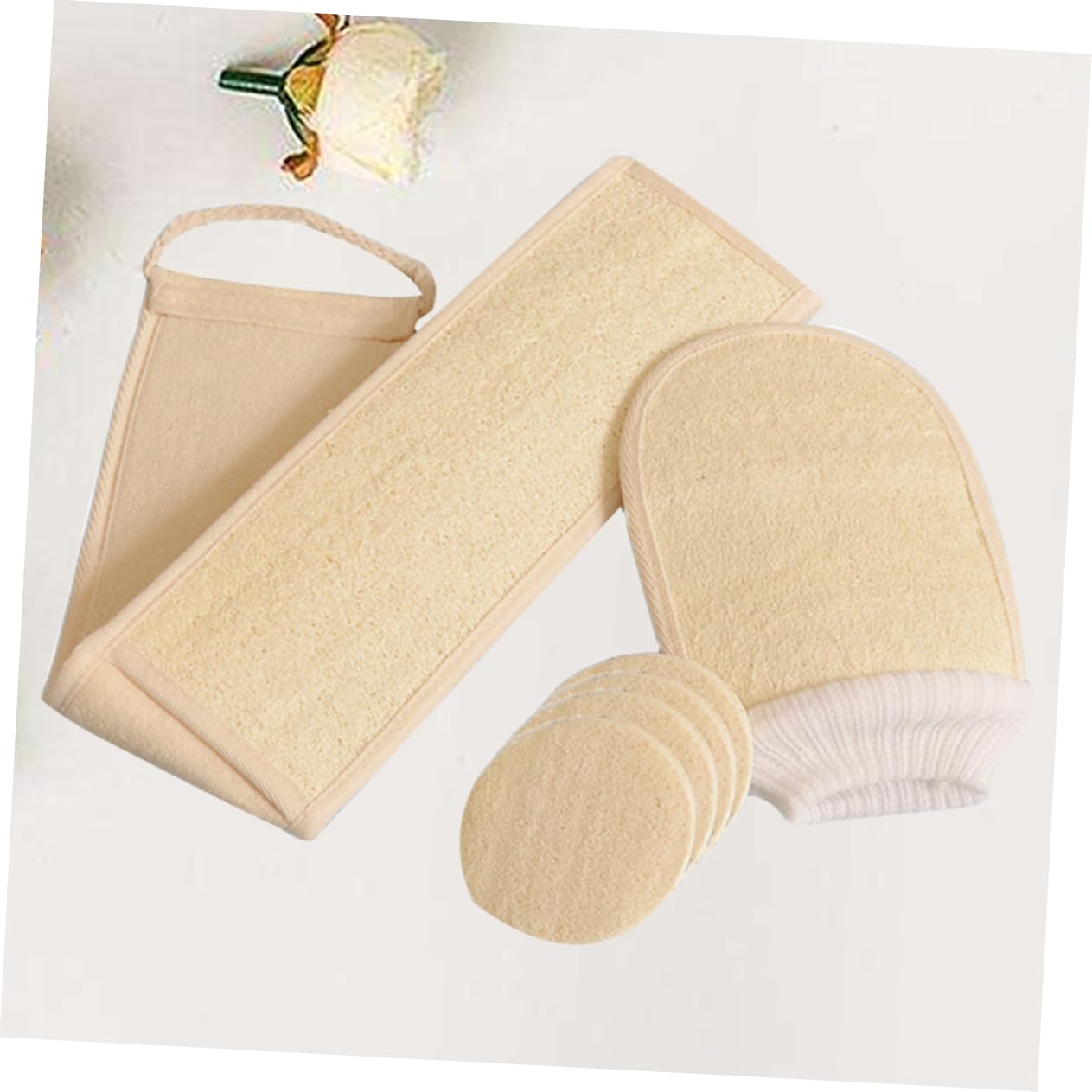 6piezas Esponjas De Luffa Natural Para Baño Exfoliantes y Suaves Incluye Guante Banda Para Espalda y Rodajas De Luffa Para Cuidado Piel y Spa