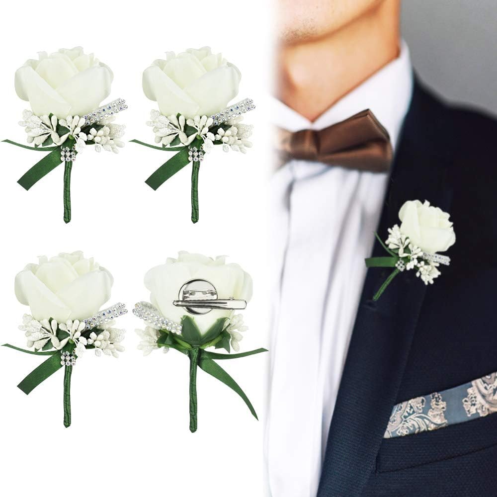 4pcs Wedding Boutonniere White Rose Boutonniere Handmade Corsage Buttonhole Flowers with Pin and Clip Artificial Wedding Flower Accessories for Men Groom Bride Suit Dress Banquet Party Decor