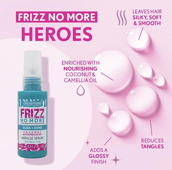Creightons Frizz No More Sleek & Shine Miracle Serum 50ml – Smooths Hair, Locks Out Frizz & Moisture, Ideal for Frizz-Prone or Wavy/Curly Hair | Colour-Kind