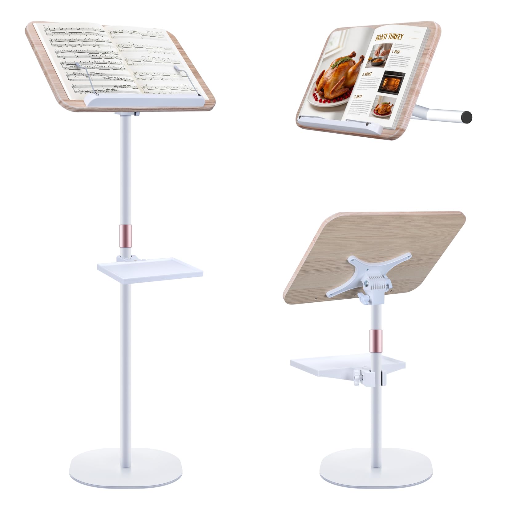 2 in 1 Dual-use Music Stand &amp; Desktop Book Stand, Adjustable Height 16.5"-51", 100% Solid Wood Laptop Floor Stand Book Holder with Elastic Page Clips for Cookbooks (White with Tray)
