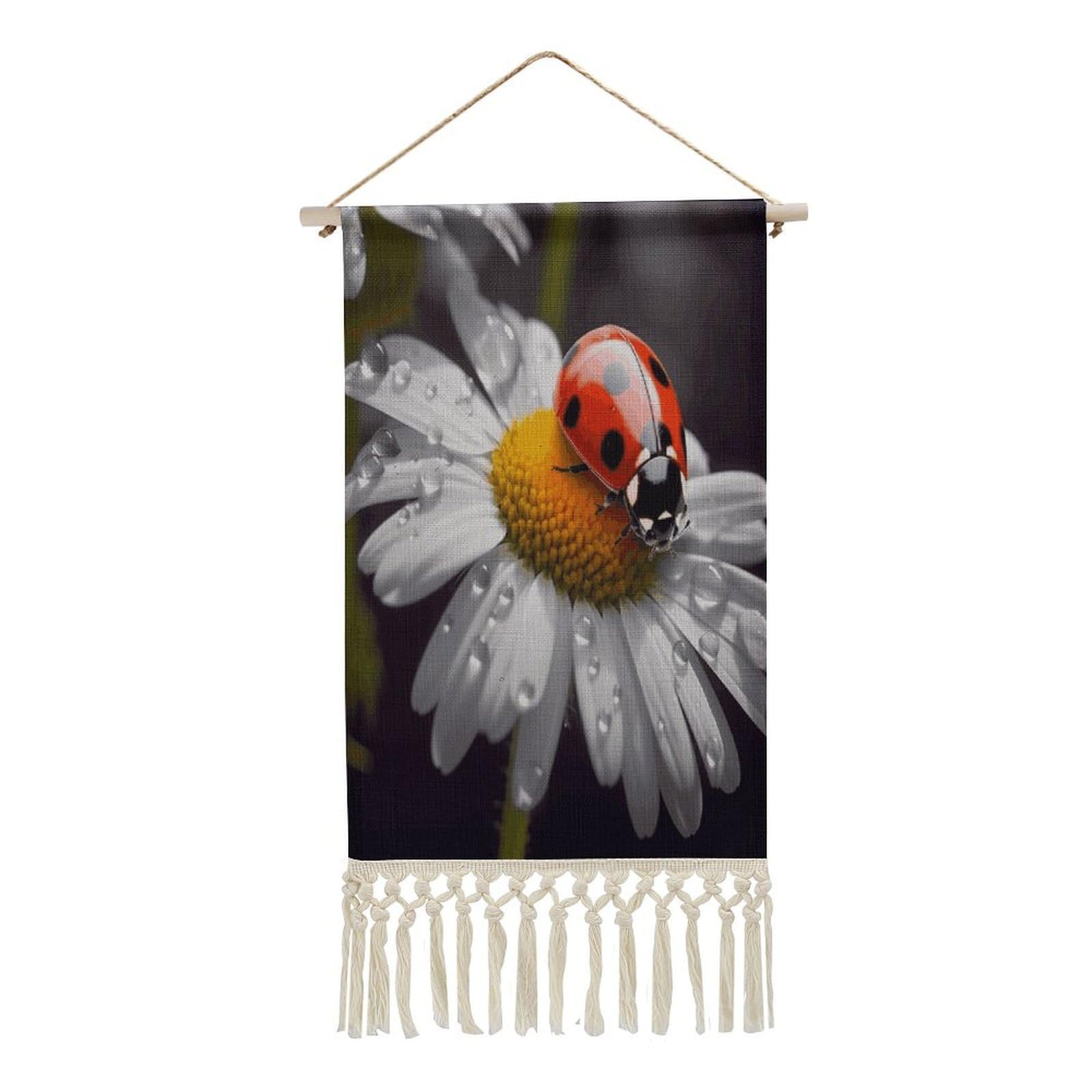 VstaDank Ladybug on Daisy Flower Wall Art Decor with Tassels 20"x10" Cotton Linen Hanging Tapestry Decor Wall Art Prints Wood Frame Boho Wall Art Poster for Bedroom Living Room Office