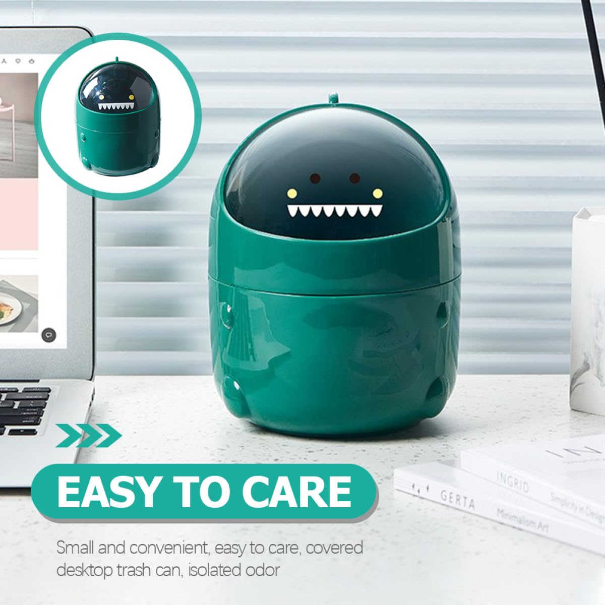Tofficu Cartoon Dinosaur Trash Bin Mini Desktop Garbage Can with Flip Lid Small Green Household Desk Ash-bin for Office Bedroom Storage