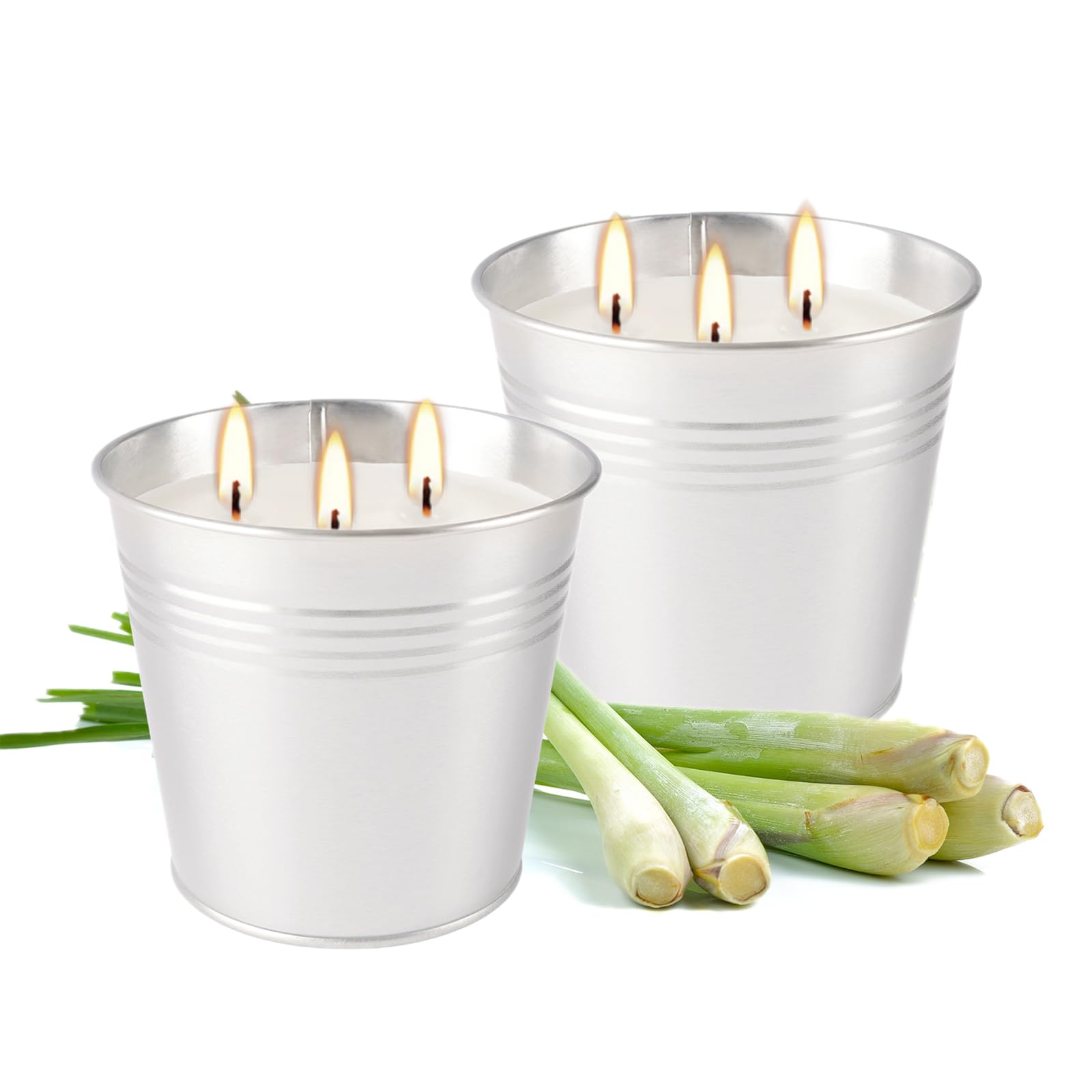 Citronella Candles Outdoor – 2 x 17 oz Large 3-Wick Soy Wax Candles, Up to 180 Hours Burn Time, Lemongrass Scent for Outdoor Patio, Garden, Yard, Balcony, Camping (Silvery)