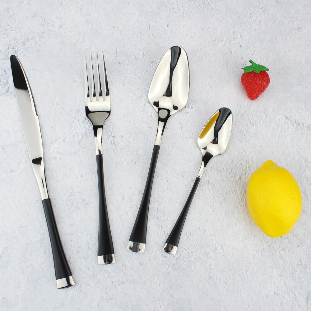 Manico Unico Cucina in Acciaio Inox Argenteria Stoviglie Posate Set Bistecca Coltello Forchetta Cucchiaio Cucchiaino (Nero,16 pezzi)