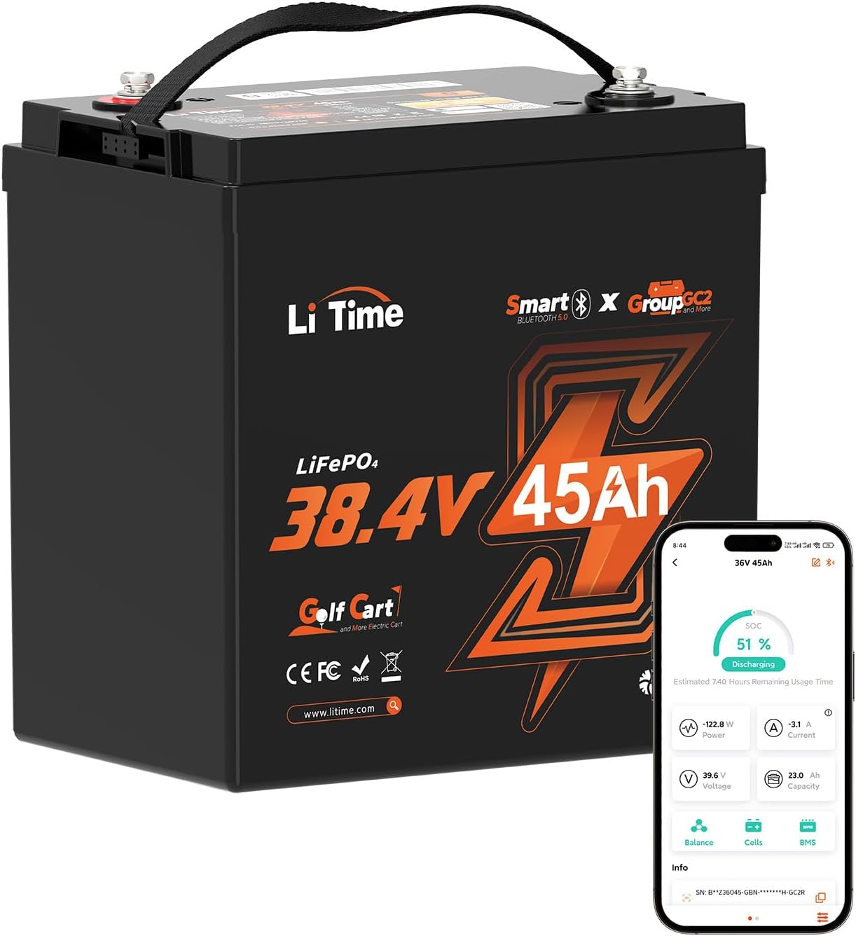 Litime 36V 45Ah GC2 Lithium Trolling Motor Battery, Bluetooth 5.0 with 90A BMS, Low-Temp Protection, 4000+ Cycles, Max 3.4kW Continuous Power Output, 225A Peak Current, Perfect for Golf Carts