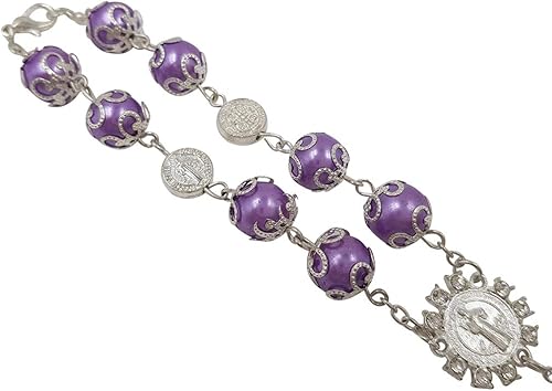 Vista 6 de Pulsera católica con cuentas de rosario automático de una década de San Benito Crucifijo Divina Misericordia Regalo