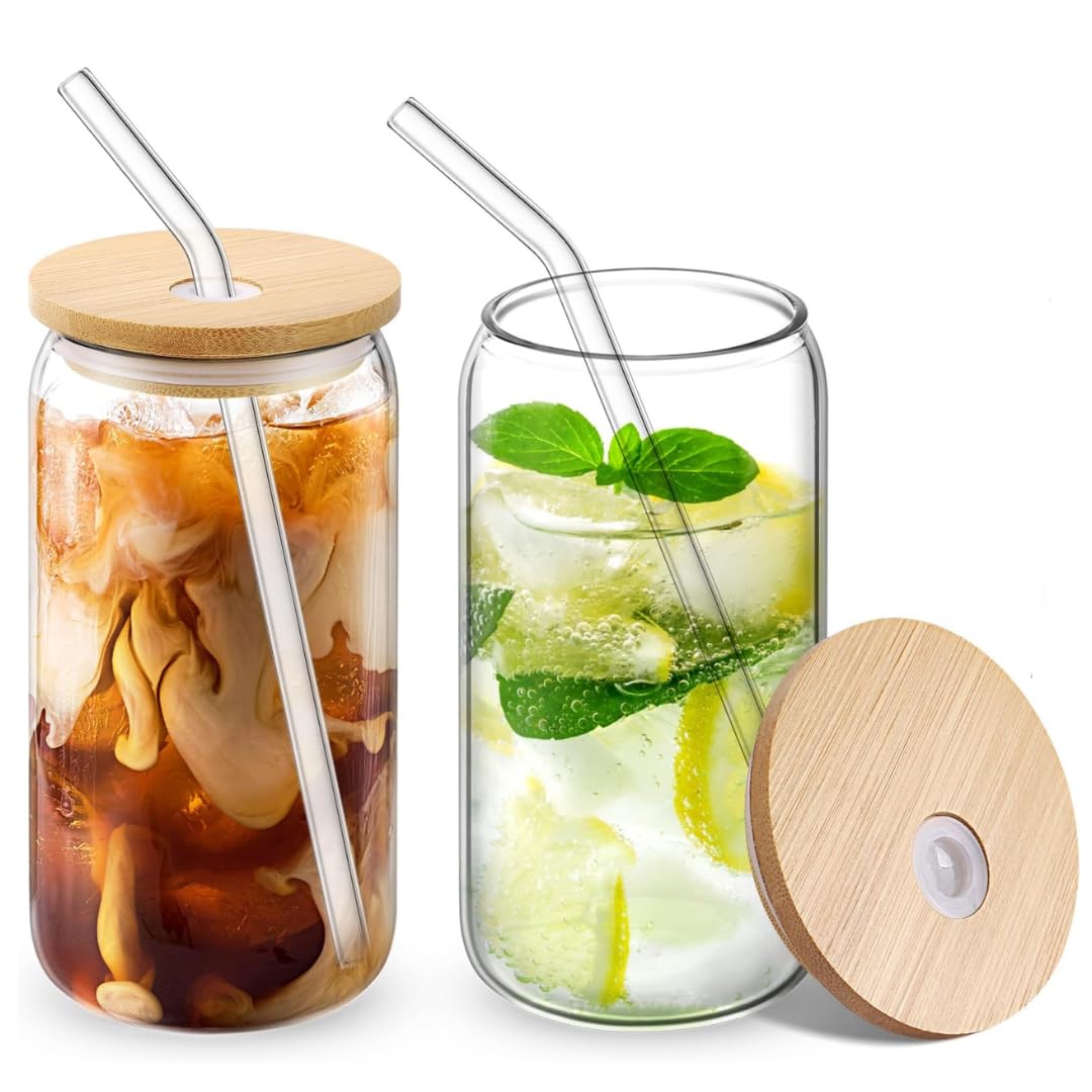 LIJIE Cococola Coffee Can Glass Tumbler with Wooden Lid and Straw - Pack of 2 - Kids Fruit Juice Milk Glass Sipper Cup with Straw Use for Home and Kitchen Office