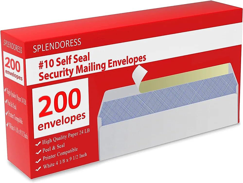 #10 Envelopes Letter Size Self Seal | 200 Business Mailing Security Peel and Sealing Envelope | 100% Tinted | no 10 White Windowless Legal Regular