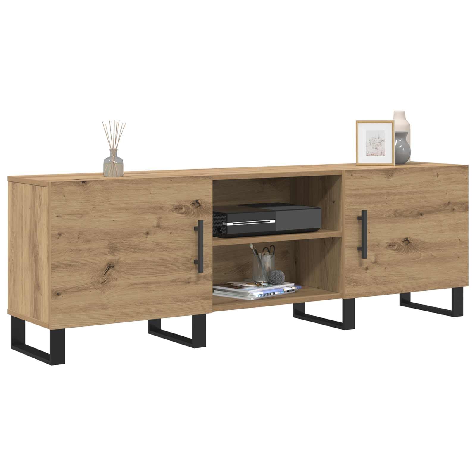 59-Inch Engineered Wood TV Stand with 2 Doors, Oak | Measures 150 x 30 x 50 cm with an open center shelf, providing storage for media players in living rooms.