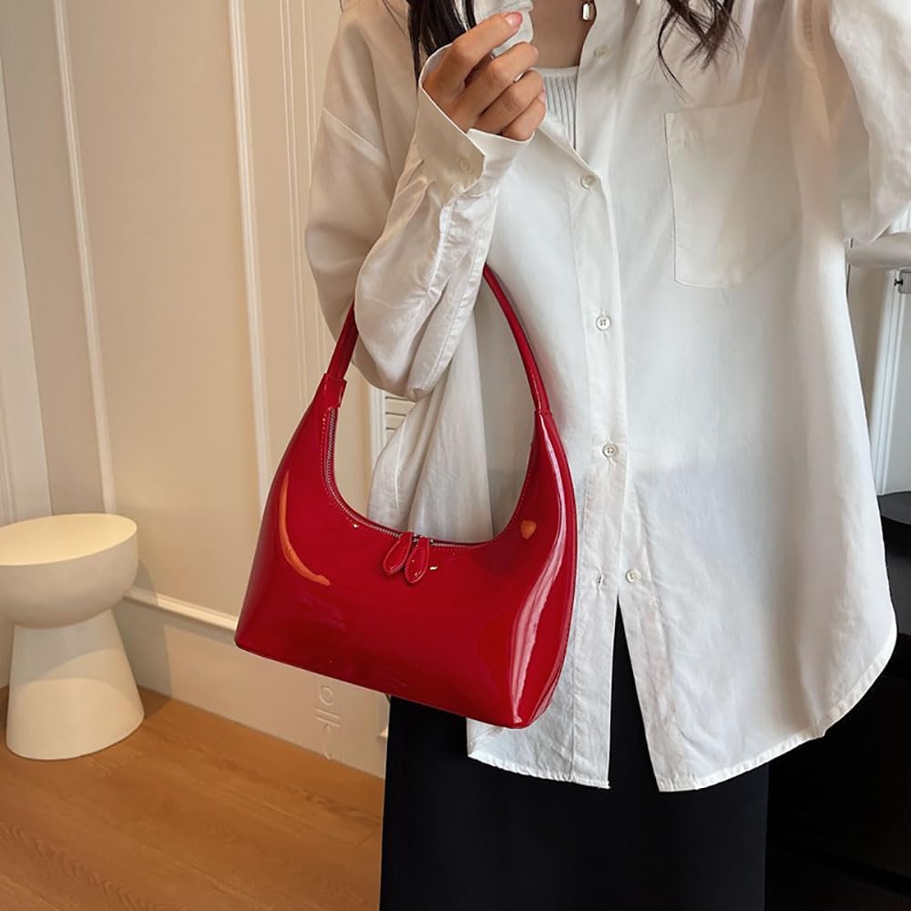 Women Red Retro Underarm Shoulder Bag Y2k Patent Leather Hobo Bag Purse