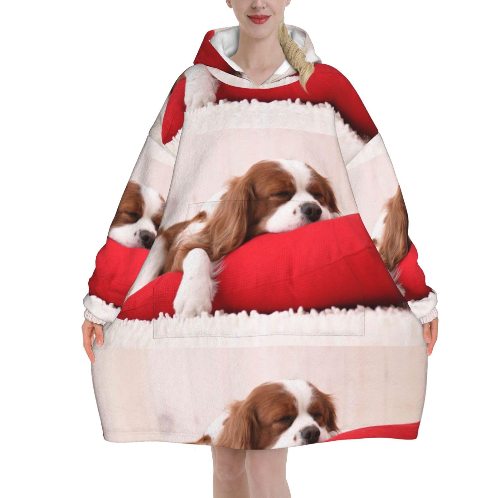 Zouey Unisex As Picture Sweatshirt Blanket,Flannel Pullover Blanket,Women's Wearable Blanket Hoodie, Cavalier King Charles Spaniel Pattern