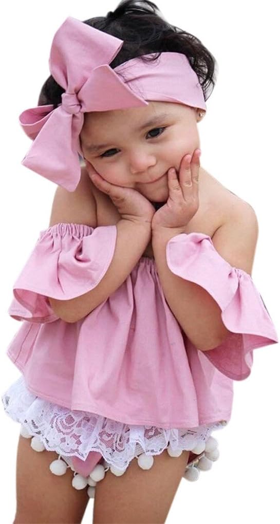 Girls' Clothes Set JYJM for 1-6 Years Old Kids Toddler Kids Baby Girl Off Shoulder Ruffle T-Shirt Tops Summer Clothes Outfits Flare Sleeve Short top and T-Shirt Dress for Girl (110, Pink)