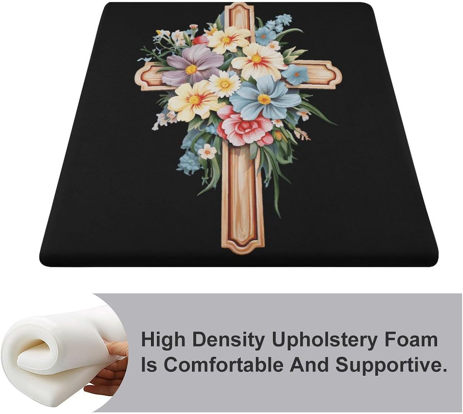 Christian Cross with Flowers Floor Pillow Meditation Yoga Cushion Square Chair Cushion Pillows Seating for Adults