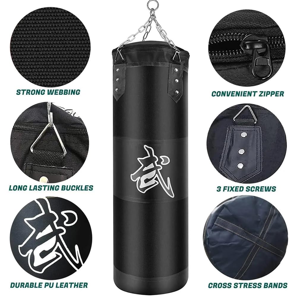 Sac De Frappe,Sac De Frappe Adulte,Sac De Boxe,15PCS Suspension Boxe Punching Bag 100cm avec Gants, Bandages, chaîne rembourrée, Rotation à 360° Non REMPLIR, pour Le Muay Thai et Les Combats (Noir)