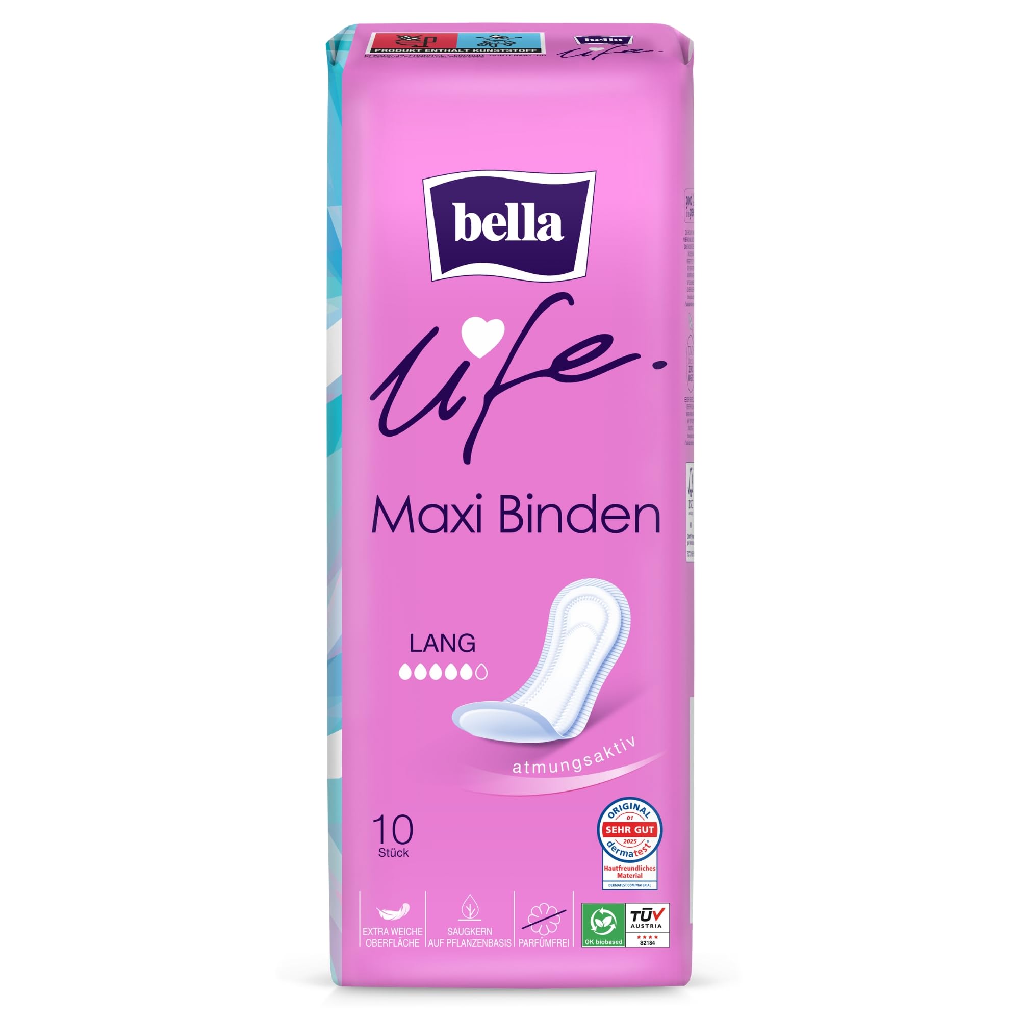 bella life Maxi Damenbinden ohne Flügel Lang 100 Stück (10x10) parfümfrei weich