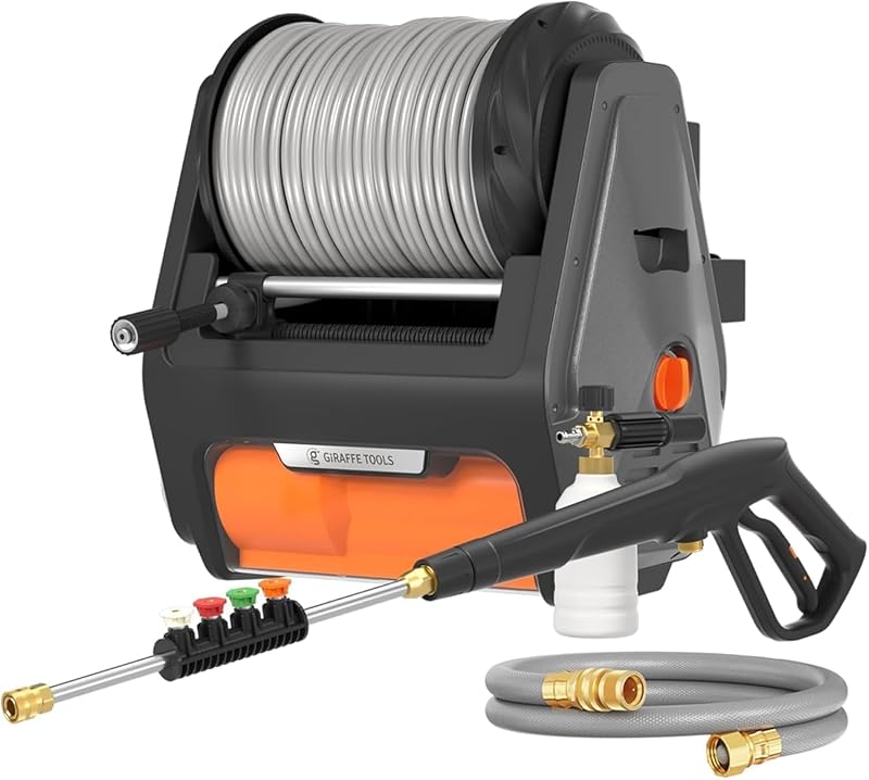 Giraffe Tools Max 2900 PSI 2.2 GPM Pressure Washer Pro,Wall Mounted | Electric Power Washer with Retractable 100ft Hose,Automatic Rewind,4 Quick Connect Nozzles & Foam Cannon