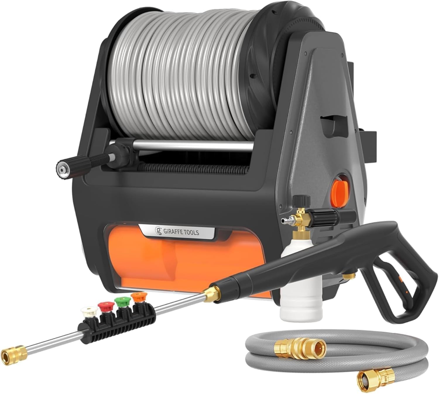 Giraffe Tools Max 2900 PSI 2.2 GPM Pressure Washer Pro,Wall Mounted | Electric Power Washer with Retractable 100ft Hose,Automatic Rewind,4 Quick Connect Nozzles & Foam Cannon