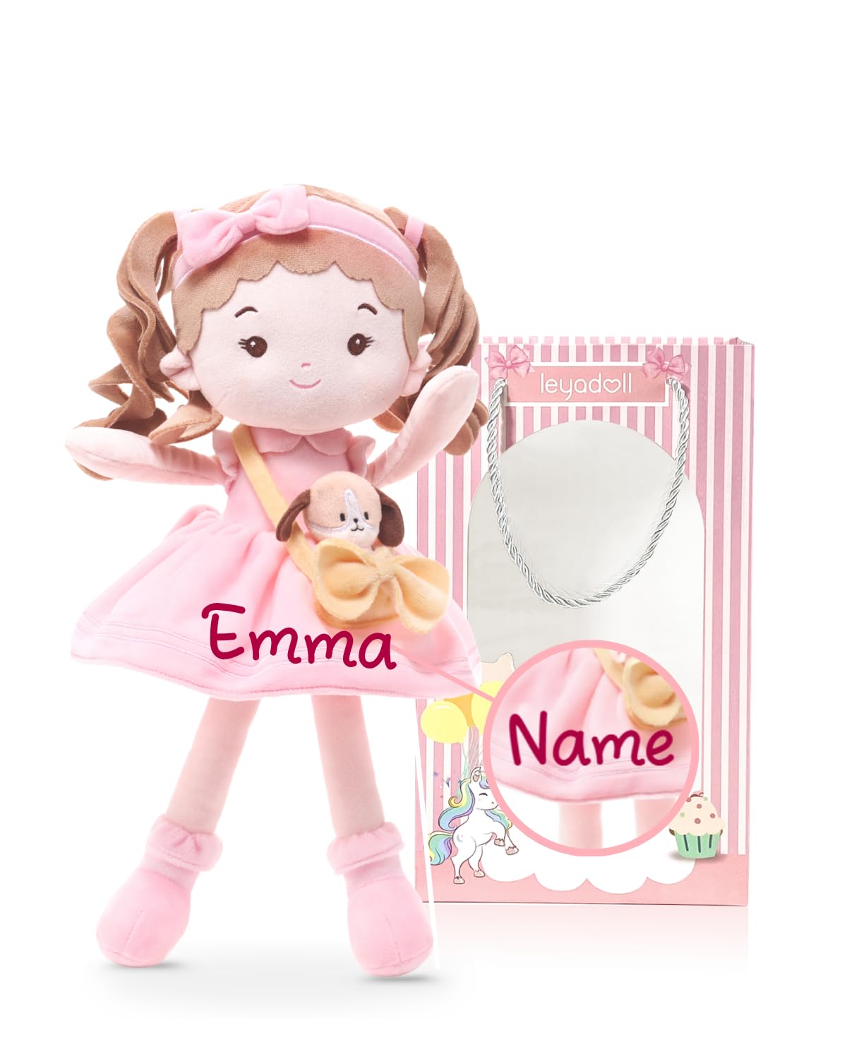 LeyaDoll Personalized Soft Baby Doll Toys (16''), My First Baby Rag Doll for 1 Year-Old Girl Birthday Gift, Christmas Plush Toys Gift for Toddler Kids Infants-Daydream-Mia-and-Her-Pet-Dog