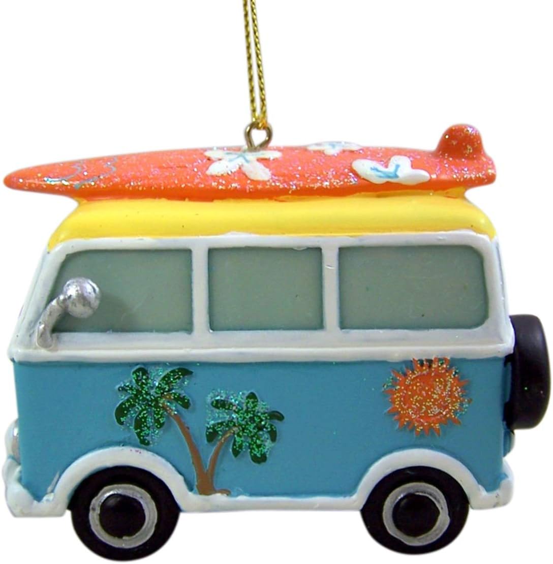 Tropical Beach Theme Hippy Van with Surfboard Hanging Christmas Tree Ornament, 3 1/2 Inch - Image 3