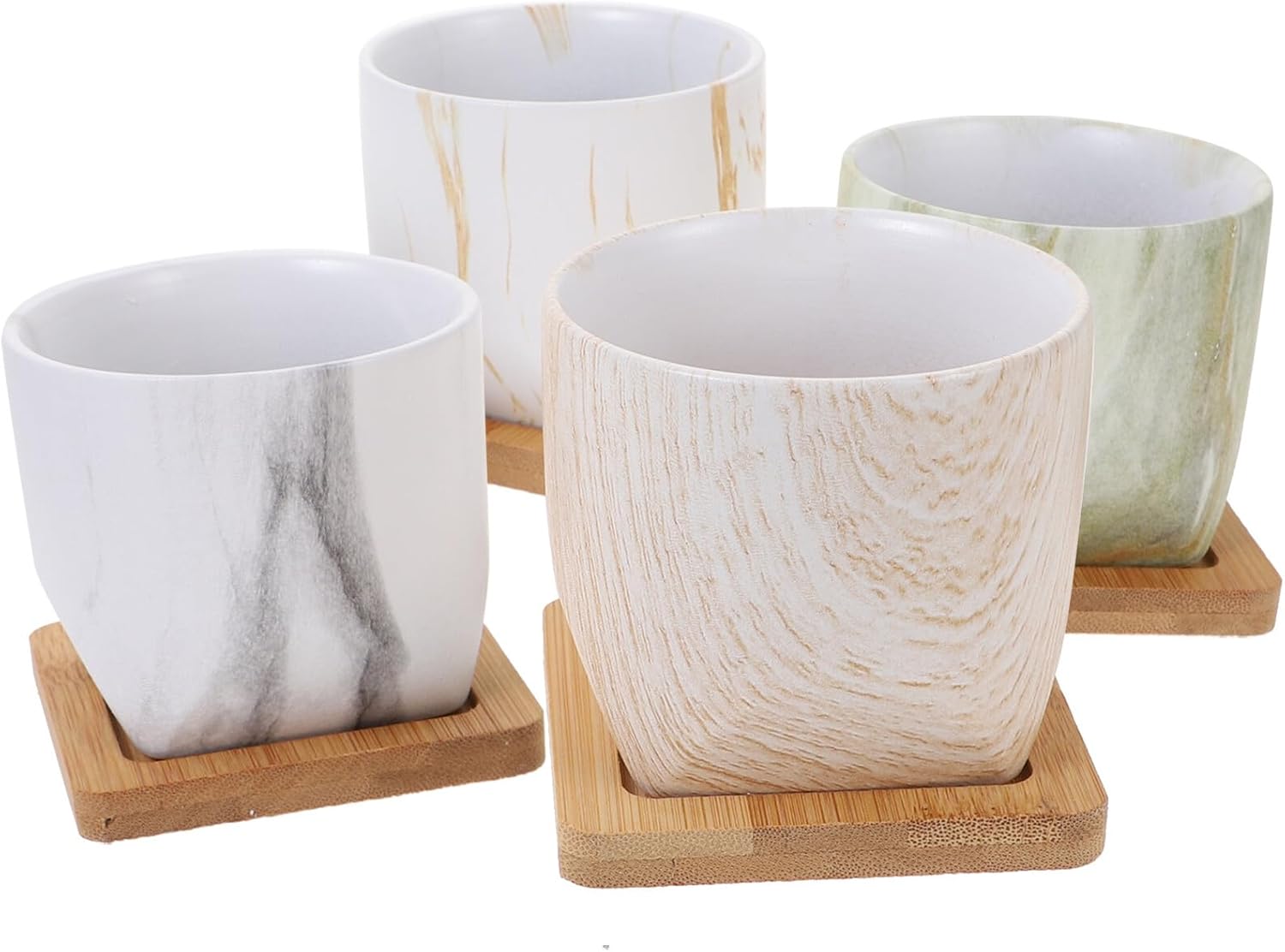 4 Sets Marble Pattern Ceramic Flower Pots with Base Multi-Function Succulent Planters for Indoor Home Office Balcony Simple Delicate Windowsill Nursery Pots for Garden Decoration