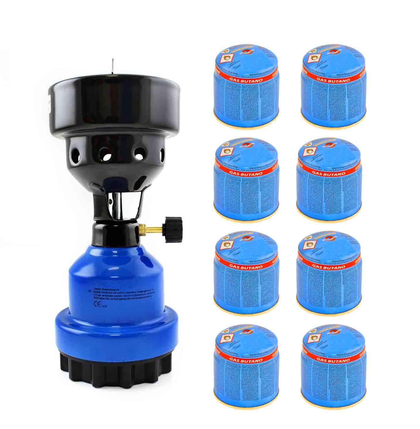 Clearfee Juego de hornillos de gas 2 en 1, hornillo de camping y encendedor de carbón, incluye 8 cartuchos de gas de 190 g, color negro, azul, rojo (azul)