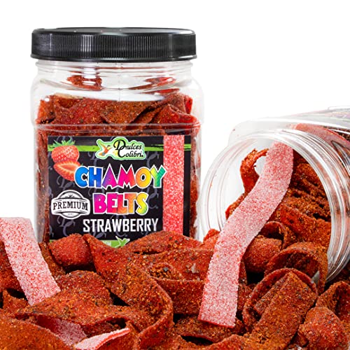 Dulces Colibri - Premium Strawberry Chamoy Belts | Dry Chamoy Coated Gummies | Mess Free | Handmade to Order | Long Lasting Flavor | 10oz Jar | Mix & Match Eligible