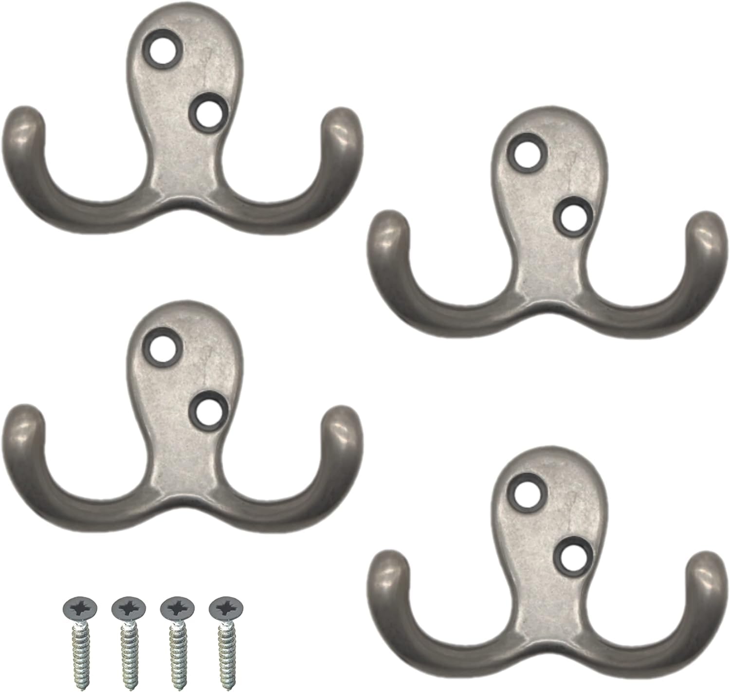 Double Prong Robe Hooks Satin Nickel Dual Coat Hooks Wall Mounted Hanging Clothes for Bathroom Bedroom Door Wall 50mm x 78mm Retro Metal Double Coat Cloth Hanger with Screws 4 Pack.