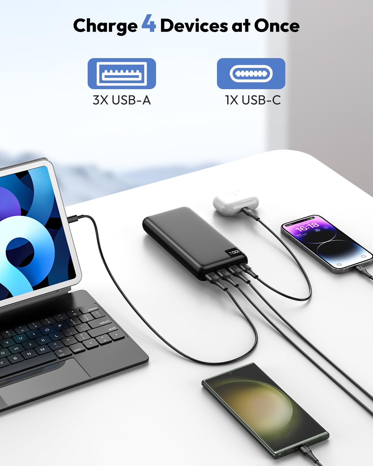 SOARAISE Power Bank, 27000mAh 22,5W Ricarica Rapida PD QC3.0 USB C Caricatore Portatile Batteria Esterna con 4 Uscite & Display LED per Smartphone Tablet etc
