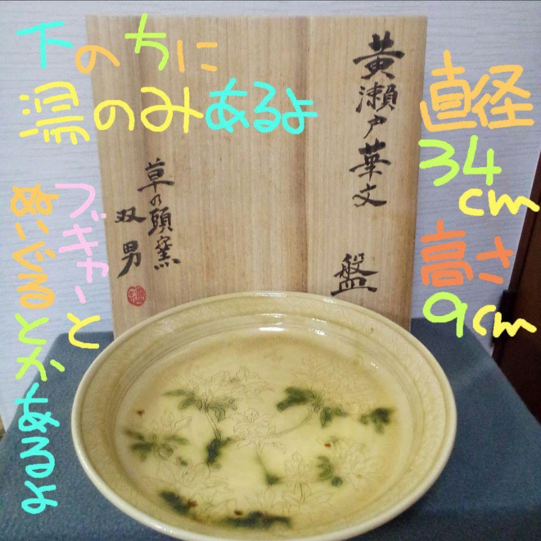 Amazon.co.jp: 美濃焼 黄瀬戸華文 盤 草の頭釜 青山双男(渓男)作