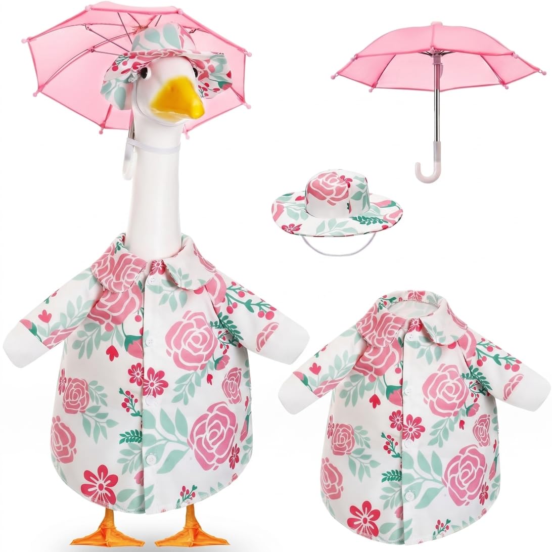 Tenue d'oie 3 pièces avec chapeau floral et parapluie pour statuette de jardin 23 pouces