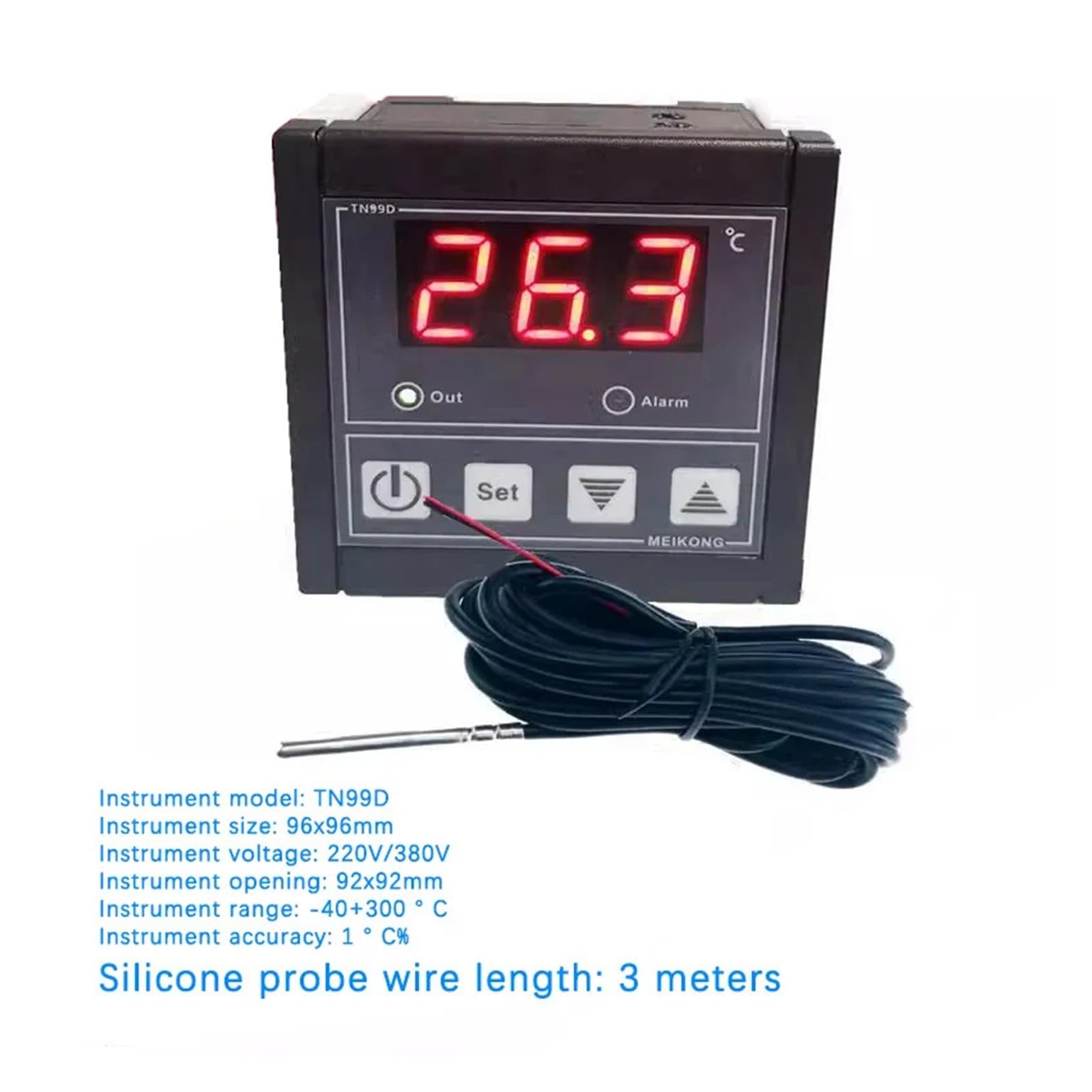Regulator temperatury TN99 300 stopni, cyfrowy przełącznik kontroli temperatury z alarmem i sondą (silikonowa próbka 3 m)