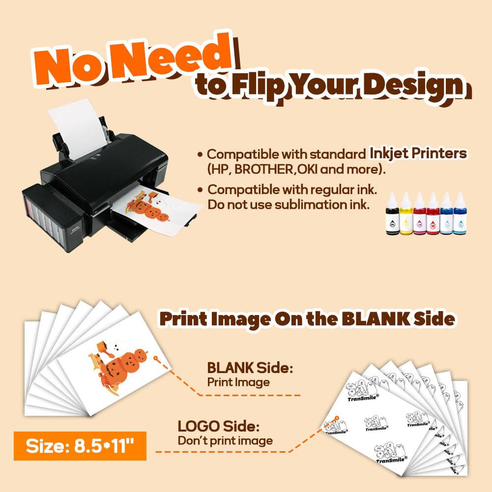 Transmile Papel de transferencia de calor imprimible naranja para telas de algodón oscuro - Papel de transferencia de calor para planchar - Vinilo de transferencia de calor imprimible para impresora