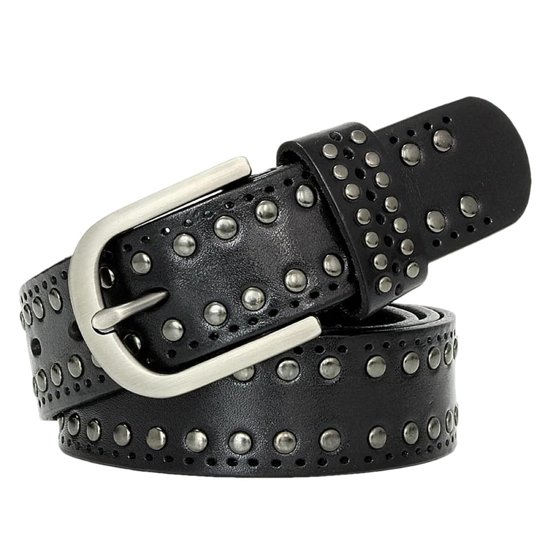 Cinturón de piel auténtica con remache punk para mujer, cinturón vintage de piel de vaca para jeans