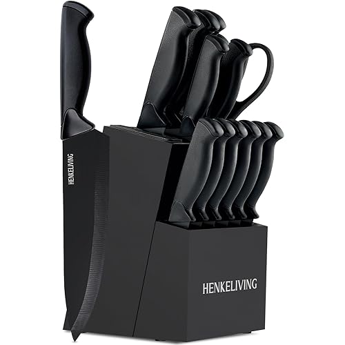 Knife Set, 14-Piece Kitchen Knives Set with Block, Built-in Sharpener, German High Carbon Stainless Steel, Ergonomic Non-Slip Handles, Black