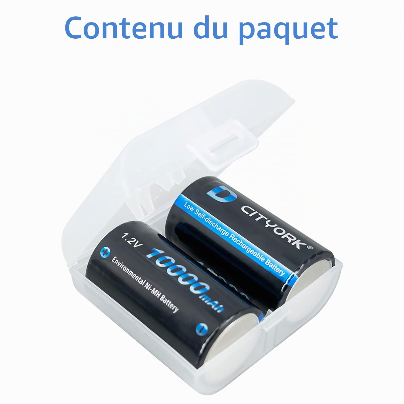 CITYORK 10 000 mAh 1,2 V Ni-MH D Piles Rechargeables Haute capacité Parfaites pour Une Utilisation Quotidienne et Professionnelle Comprend Un étui à Piles – Lot de 6