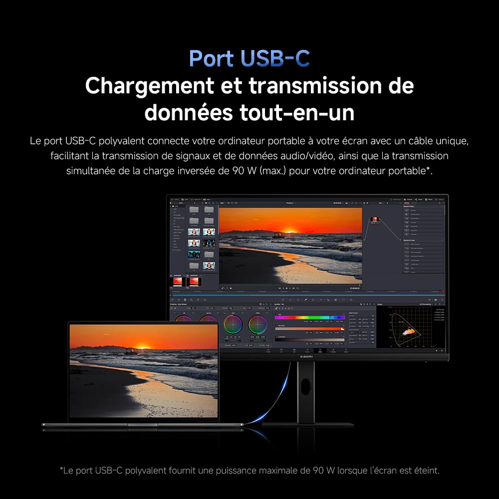 XIAOMI A27Ui Moniteur UHD 4K 27 Pouces, IPS, HDR10, 100% sRGB, 95% DCI-P3, Recharge Inversée 90W, Certification TÜV Low Blue Light (3840 x 2160/HDMI 2.0/DP 1.4/Type-C 90W Output)