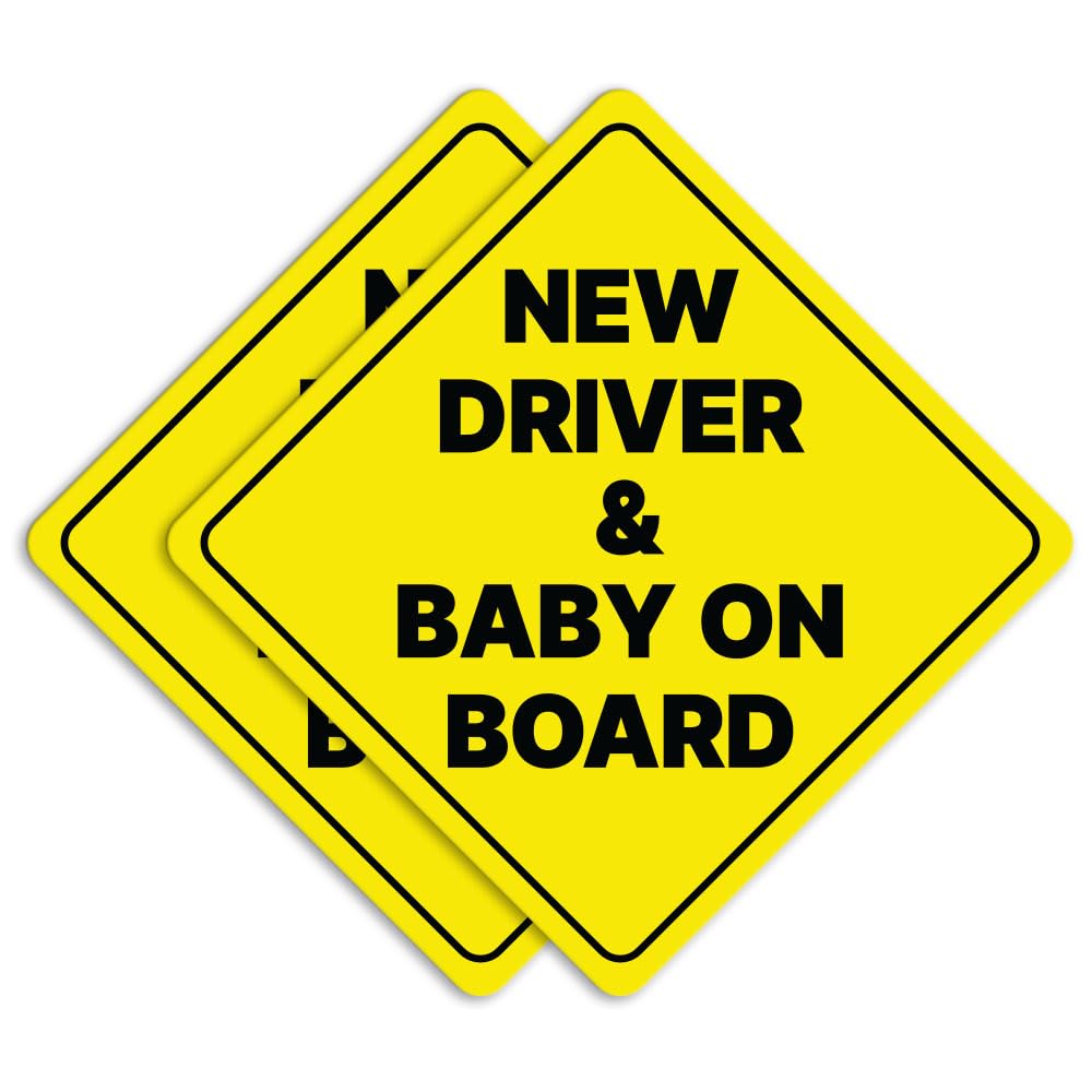 GEEKBEAR Neuer Fahrer und Baby an Bord Auto-Schild - Aufkleber oder Magnet & Farboptionen, wetterbeständig - Rautenform 17,4 cm x 17,4 cm (Yellow, Reflective Magnet)