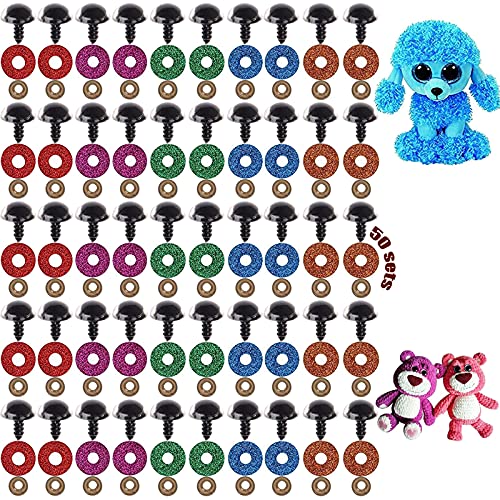 Yeux de poupée en peluche 50 ensembles Rondelles Yeux colorés Yeux de poupée Yeux en plastique Avec rondelles scintillantes Pour les animaux au crochet peluches poupées jouets de poupée artisanat 16mm Cover