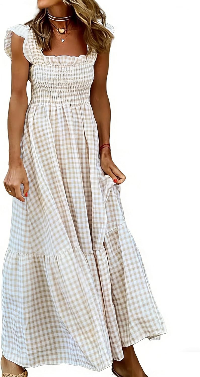 ThiCc Women’s Gingham Maxi Dress – Ruffle Trim Spaghetti Strap Smocked Tube High Waist Flowy A-Line Sundress Sleeveless Plaid Long Dresses for Summer Beach Vacation Casual Wear (Beige,L)