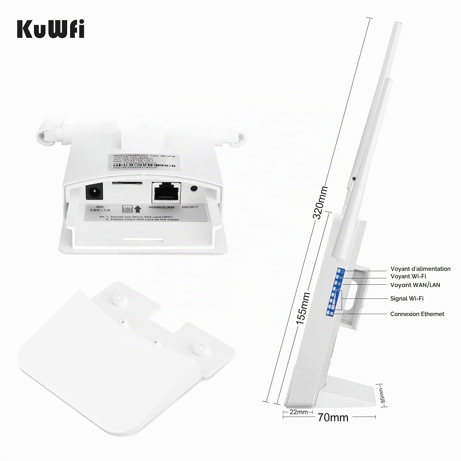 Routeur 4G SIM, KuWFi Routeur Extérieur étanche 4G LTE avec Emplacement pour Carte SIM, Modem 4G pour Orange SFR ILIAD Vodafone, 150 Mbps/sans Fil jusqu'à 300 Mbps, Port LAN/WAN, 4* Antennes