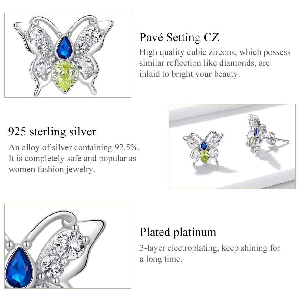 WZGWDC Sterlingsilber-Schmuck, 925er-Sterlingsilber, glänzender Schmetterling, eingelegt mit klaren CZ-Ohrsteckern für Damen, Sterlingsilber-Ohrringe, edler Schmuck