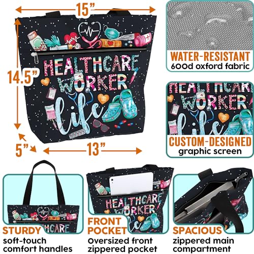 Image of 84hoods Large Waterproof Tote Bag with Pockets and Zipper for Work. Gift for Nurse. Shoulder Bag for Women.